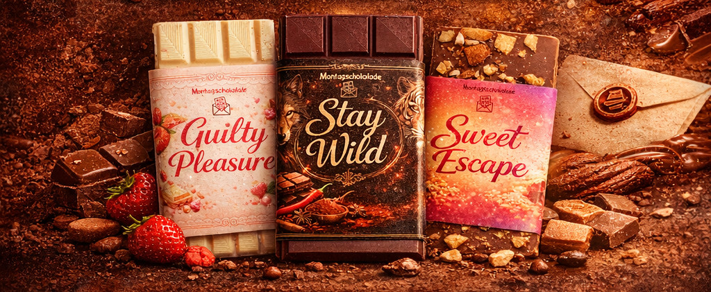 Drei verschiedene Tafeln Montagsschokolade nebeneinander