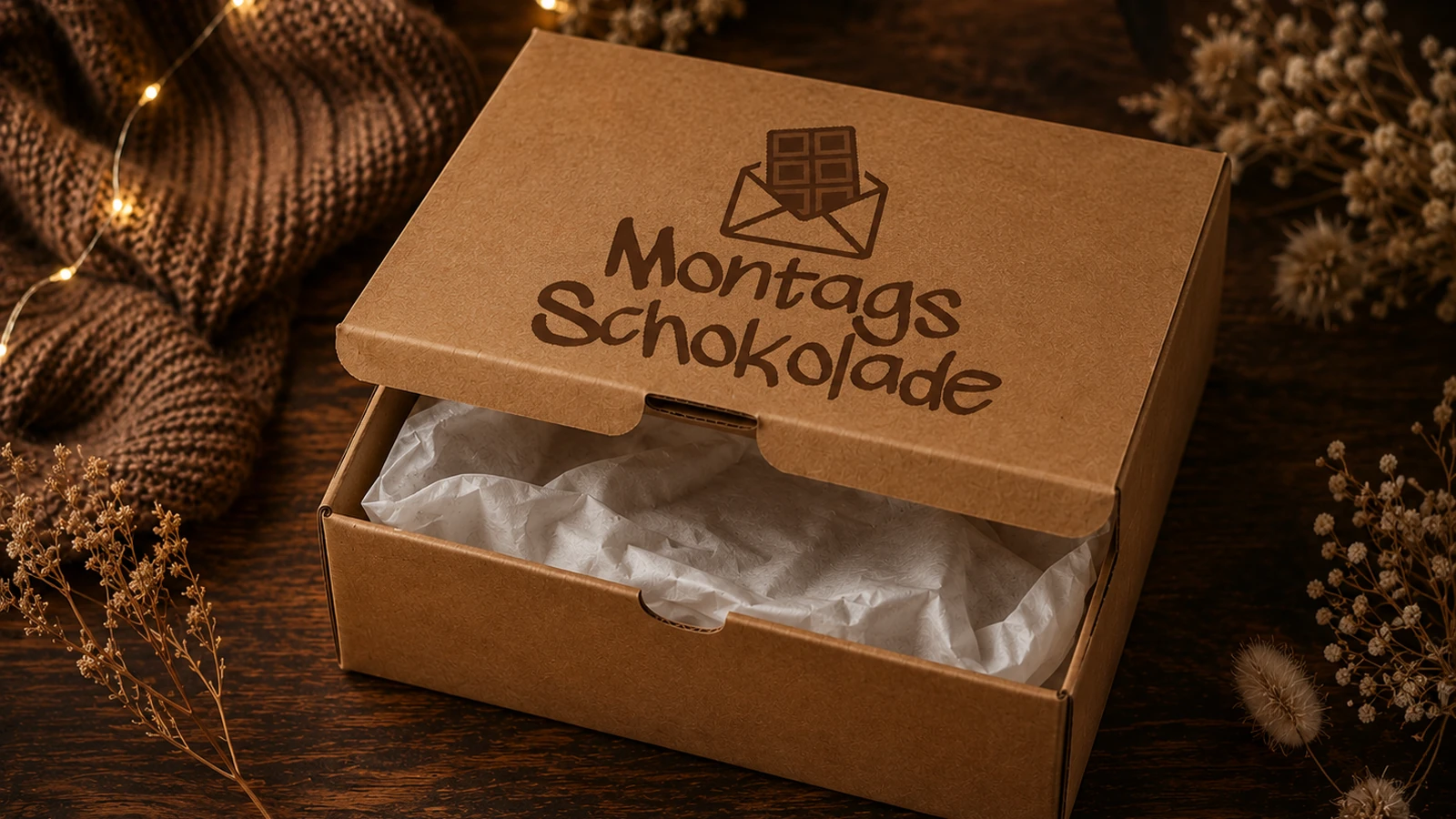 Geöffnete Montagsschokolade-Kartonverpackung